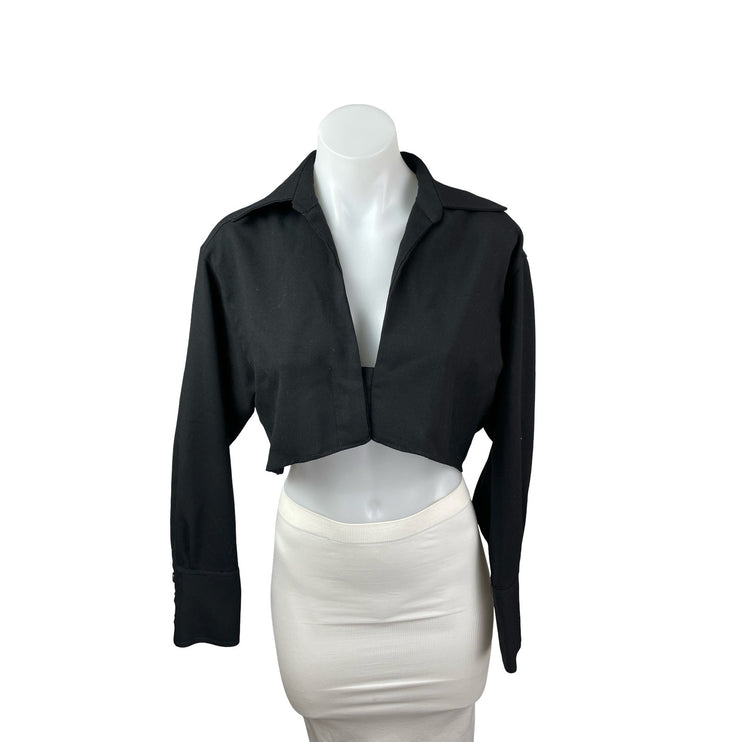 Zara Women's Black Long Sleeve Wool Collared Cropped Blazer Shirt Top Size S