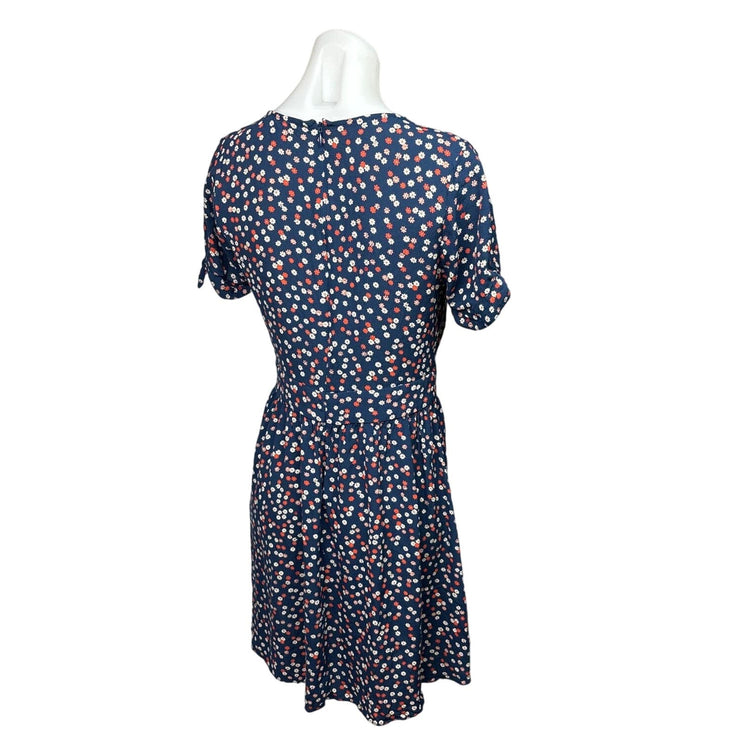 Madewell Women Navy Blue Daisy Floral Button Up Short Tie Sleeve Mini Dress Sz 4