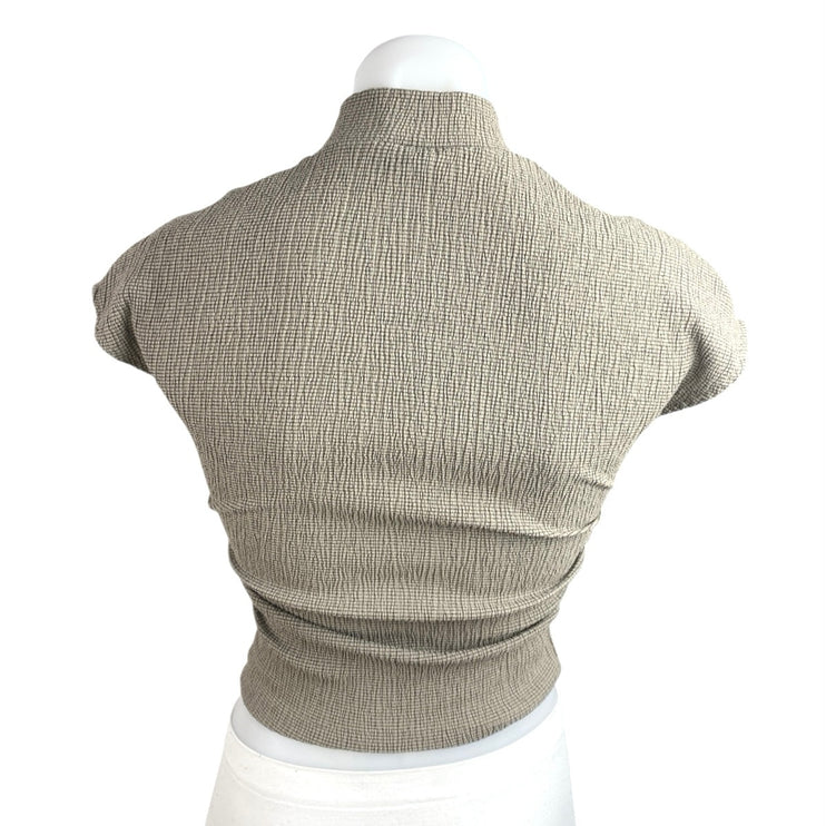 Zara Women's Gray Smocked Short Cap Sleeve Mock Neck Textured Crop Top Size S