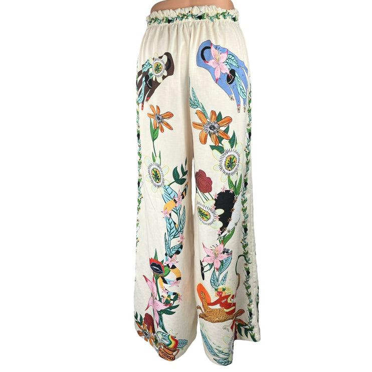 Dona Hortensia White Multicolor Silky Satin Wide Leg High Waist Trousers Pants S