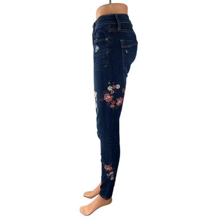 Express Stretch Blue Floral Embroidery Distressed Mid Rise Denim Jeans Pants 2
