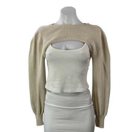 Zara Women's Beige Long Sleeve Ribbed Knit Crew Shrug Bolero Crop Top Size S