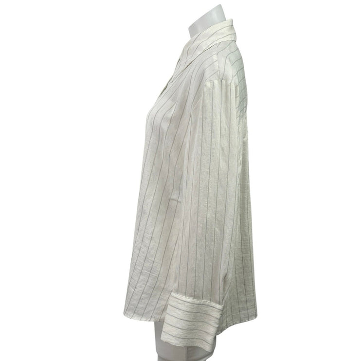 MNG Mango Womens White Linen Pinstriped Long Sleeve Button Down Shirt Top Size 8