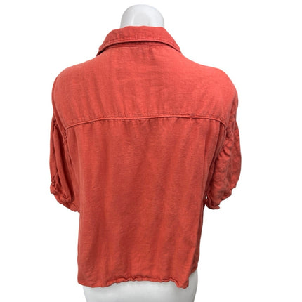 Zara Orange Linen Short Puff Sleeve Button Collar Blouse Shirt Crop Top Size L