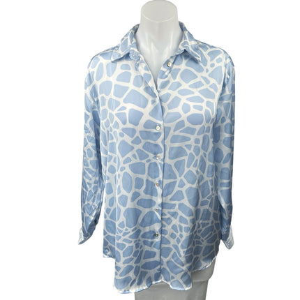 Zara Blue White Silk Satin Animal Print Long Sleeve Button Down Shirt Top Size S