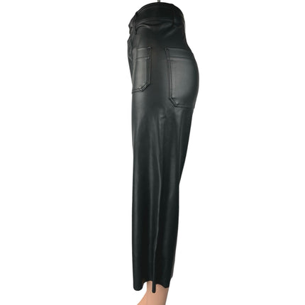 Zara Black Faux Vegan Leather Straight Wide Leg High Rise Crop Trousers Pants 0