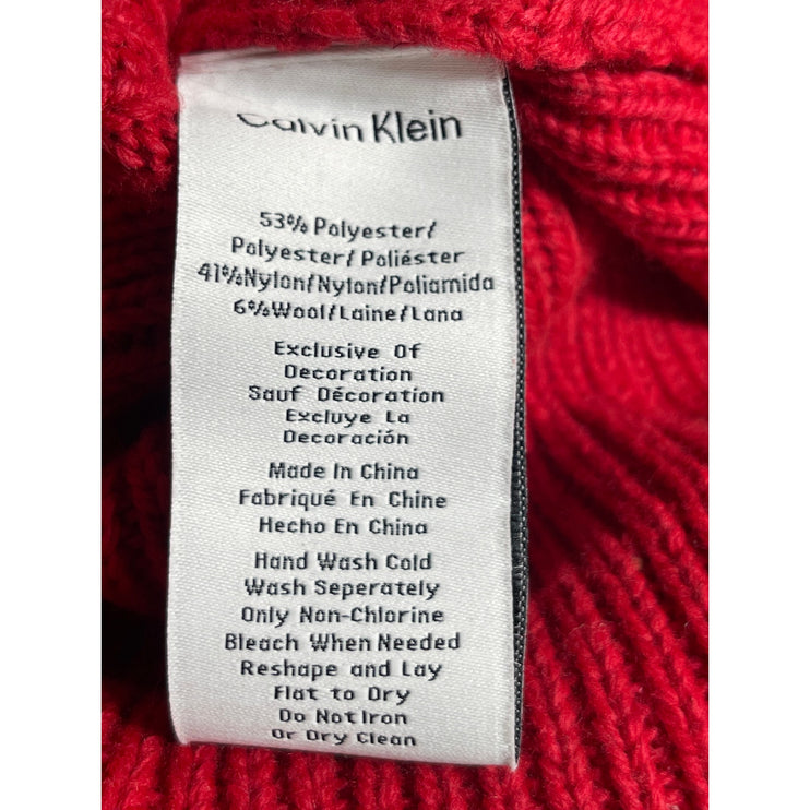 Calvin Klein Women's Red Wool Ribbed Knit Cuffed Logo Winter Beanie Hat OS