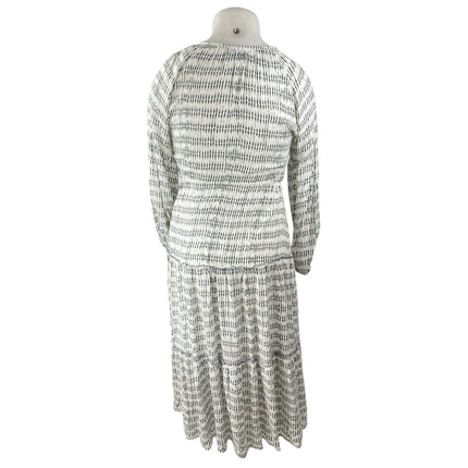 Skemo White Abstract Beaded Tie Neck Long Sleeve Tiered Midi A-line Dress Size M