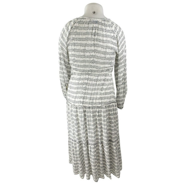 Skemo White Abstract Beaded Tie Neck Long Sleeve Tiered Midi A-line Dress Size M