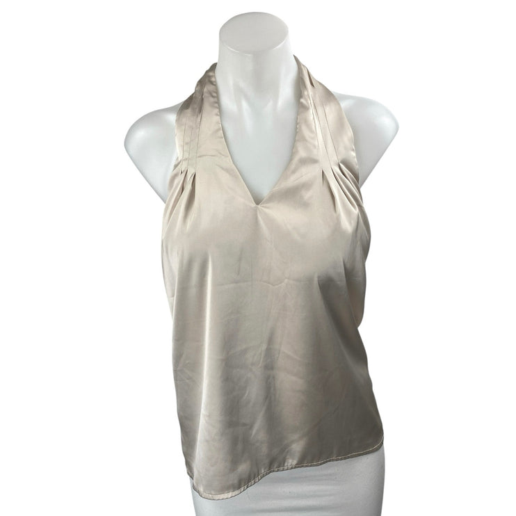 Superdown Beige Silk Satin Sleeveless Halter V Neck Open Back Tank Top Size S