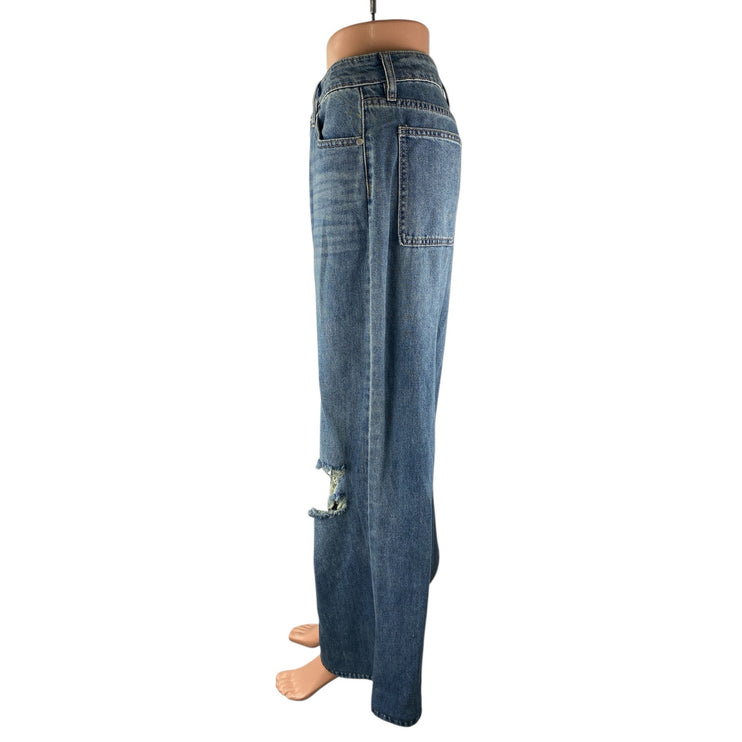 PTCL Ethikal Brand Women's Blue Distressed Wide Leg Flare Denim Jeans Size M
