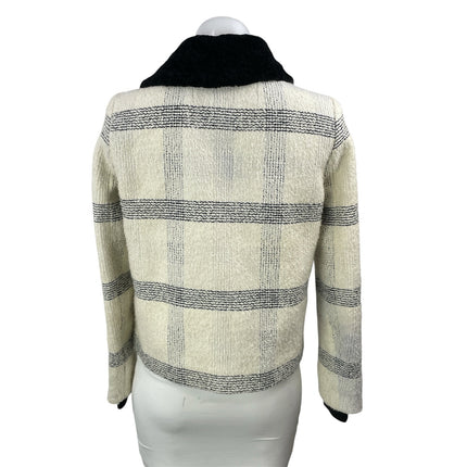Tory Burch Cream Black Wool Long Sleeves Plaid Collared Front Zip Coat Jacket 4