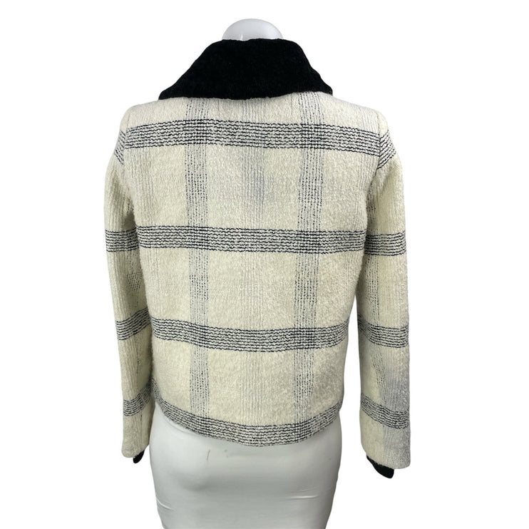Tory Burch Cream Black Wool Long Sleeves Plaid Collared Front Zip Coat Jacket 4