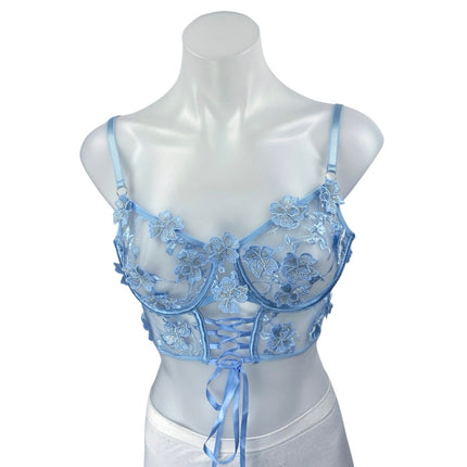 Blue Floral Lace Sleeveless Sheer Cami Camisole Crop Corset Lingerie Tank Top M