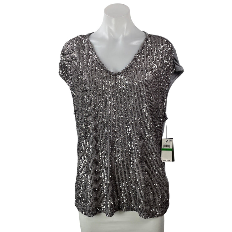 NEW Vince Camuto Womens Gray Short Sleeves Sequin Embellished Blouse Top Size L