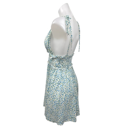 Zara Blue Linen Floral Sleeveless Smocked Mini Cami Camisole Tank Dress Size M