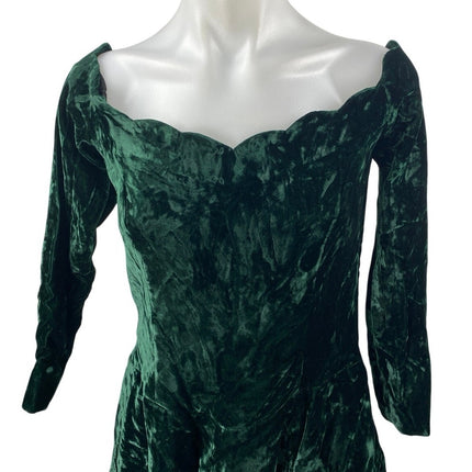 Women's Green Velvet Velour Handmade Half Sleeve Scalloped A Line Mini Dress S