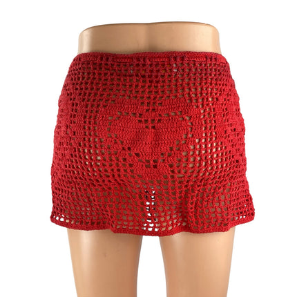 Memorial Day Red Open Crochet Knit Heart Tie Beach Cover Up Mini Skirt Size 2