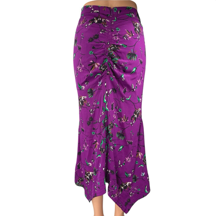 Tanya Taylor Purple 100% Silk Floral Ruched High Waisted Midi Pencil Skirt Sz 2