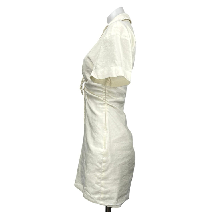 Zara White Linen Collared Short Sleeve Tie Keyhole Mini Bodycon Shirt Dress Sz M