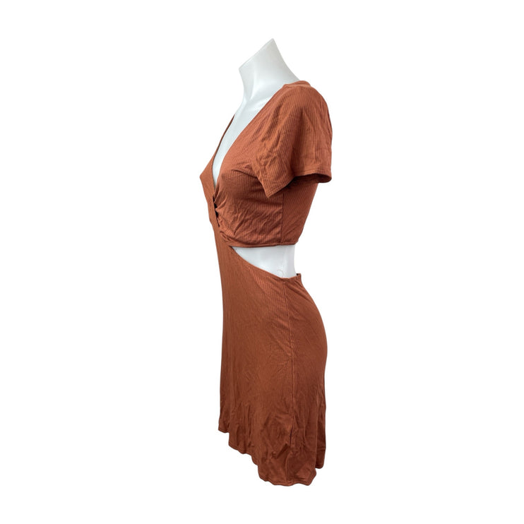 Abercrombie & Fitch Rust Brown Short Sleeve V Neck Rib Knit Cutout Mini Dress M