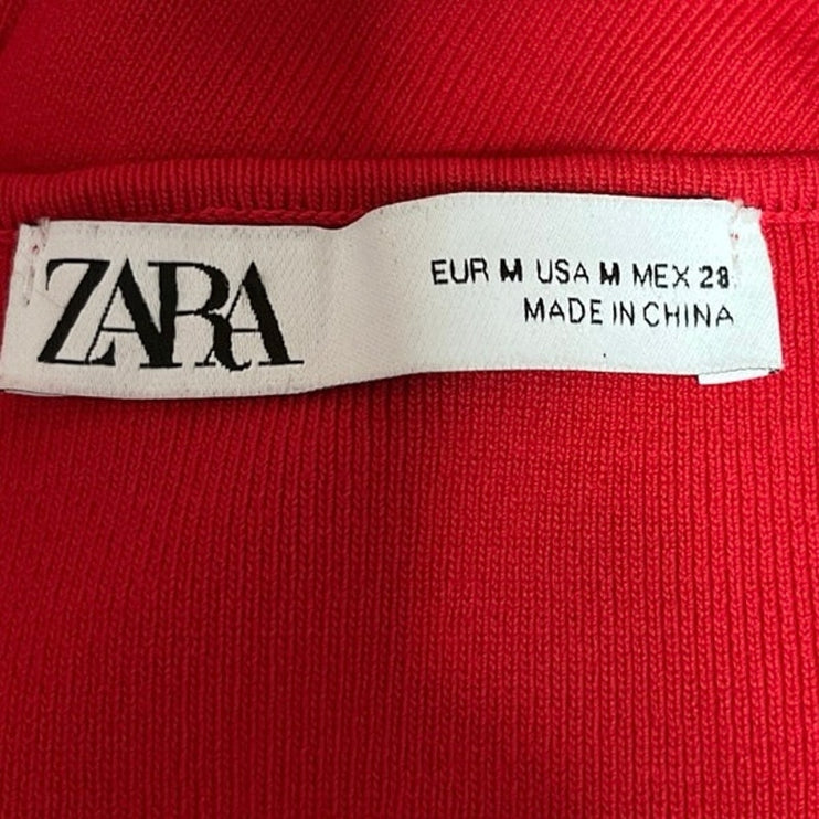 Zara Red Sleeveless V-Neck Cross Back Strap Midi Stretch Knit Bodycon Dress Sz M