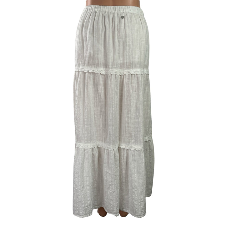 Roxy Womens White Elastic Waist Tiered Lace Trim Maxi Boho A-Line Skirt Sz XS/6