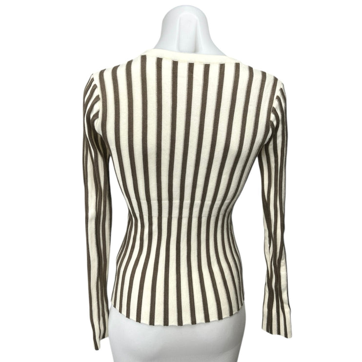 Commense Tan White Striped Knit Button V-Neck Long Sleeve Cardigan Sweater Top S