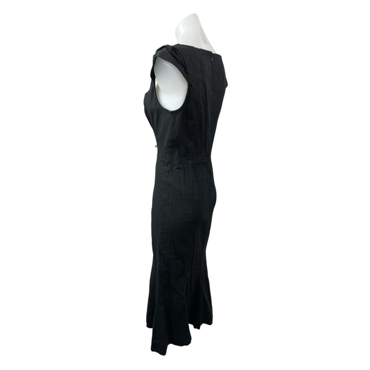 Anthropologie The Cecily Black Linen Sweetheart Cap Sleeve Midi Flare Dress Sz S