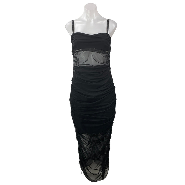 Nostra Santissima Black Sleeveless Mesh Cami Sheer Ruched Midi Bodycon Dress 4