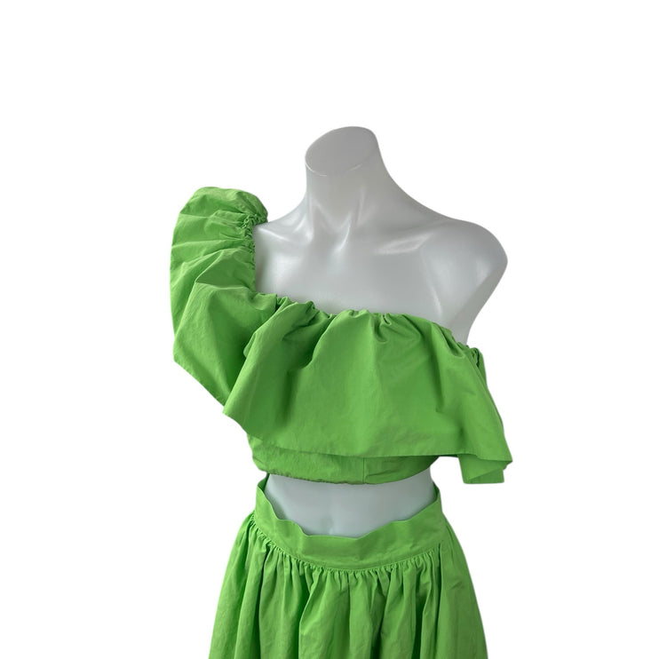 H&M Women's Green Flounced One Shoulder Crop Top Midi Flare A-Line Skirt Set 38