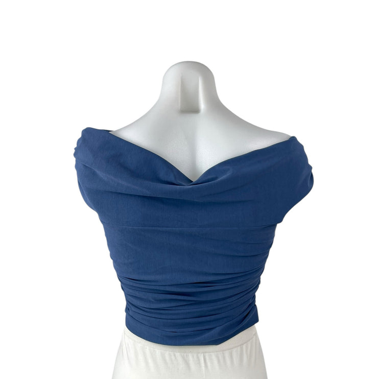 Zara Women's Blue Off The Shoulder Ruched Drape Shirt Blouse Crop Top Size M