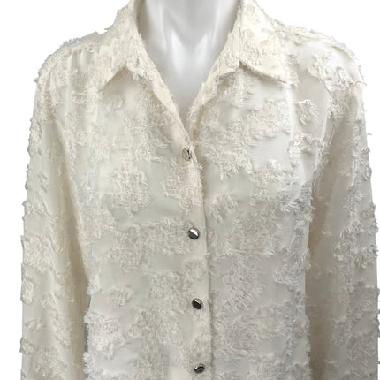 Zara White Textured Jacquard Floral Long Sleeve Button Down Shirt Blouse Top M