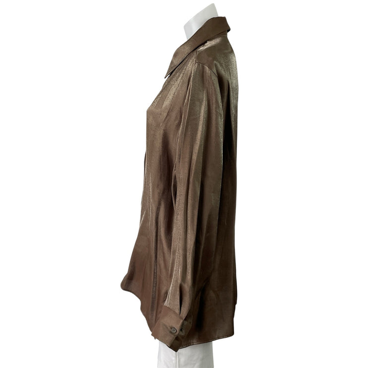 NEW Zara Womens Brown Silky Satin Long Sleeve Button Down Shirt Blouse Top Sz XL