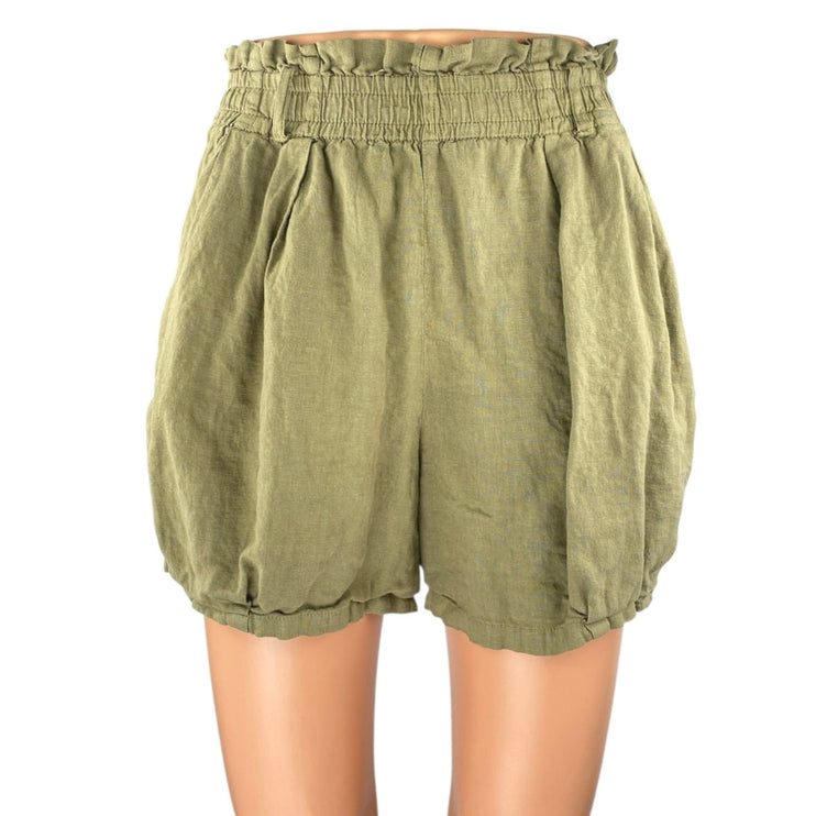 Zara Women's Green Linen Pleated Pockets High Waisted Casual Paperbag Shorts XS