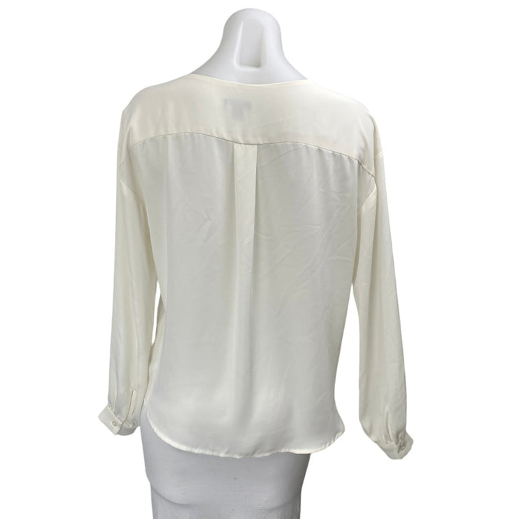 Ann Taylor Women's White Satin Long Sleeve Split V-Neck Shirt Blouse Top Size XS