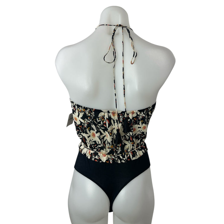 NEW Free People Intimately Liza Black Floral Halter Sleeveless Bodysuit Top Sz S