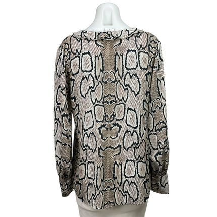 Cabi Beige Black Long Sleeve Snakeskin Print Ruffle Collar V-neck Blouse Top M