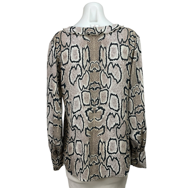 Cabi Beige Black Long Sleeve Snakeskin Print Ruffle Collar V-neck Blouse Top M