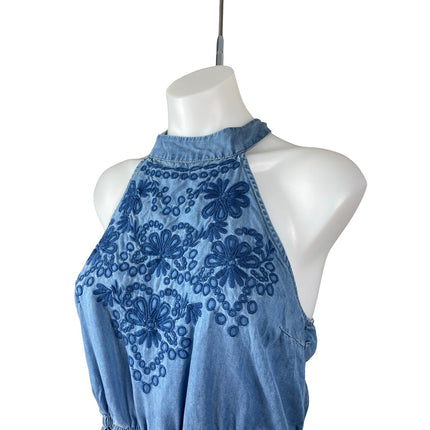 Blue Rair Blue Embroidered Halter Floral Sleeveless Chambray Romper Shorts Sz M