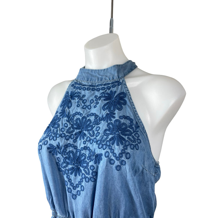 Blue Rair Blue Embroidered Halter Floral Sleeveless Chambray Romper Shorts Sz M