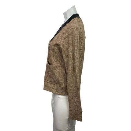 Robertson & Rodeo Tan Black Ribbed Knit V Neck Pocket Cardigan Sweater Top Sz S