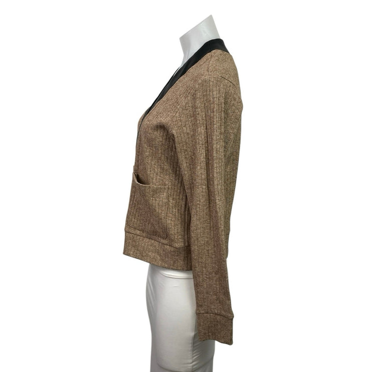 Robertson & Rodeo Tan Black Ribbed Knit V Neck Pocket Cardigan Sweater Top Sz S