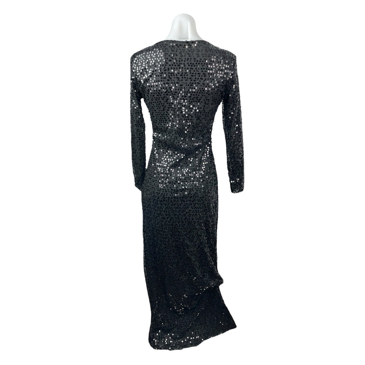 Women's Black Sequin Sparkly Long Sleeve V Neck Evening Gown Maxi Dress Size S/M