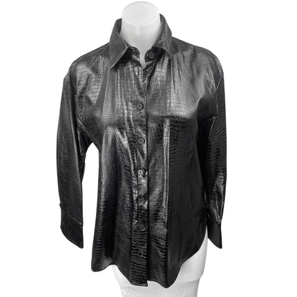 Zara Women's Black Faux Croc Leather Long Sleeve Button Up Coat Jacket Top Sz S