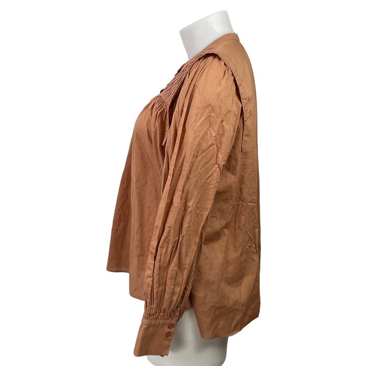 Witchery Brown Long Sleeve Pintucked Button Up Babydoll Blouse Top Size 16