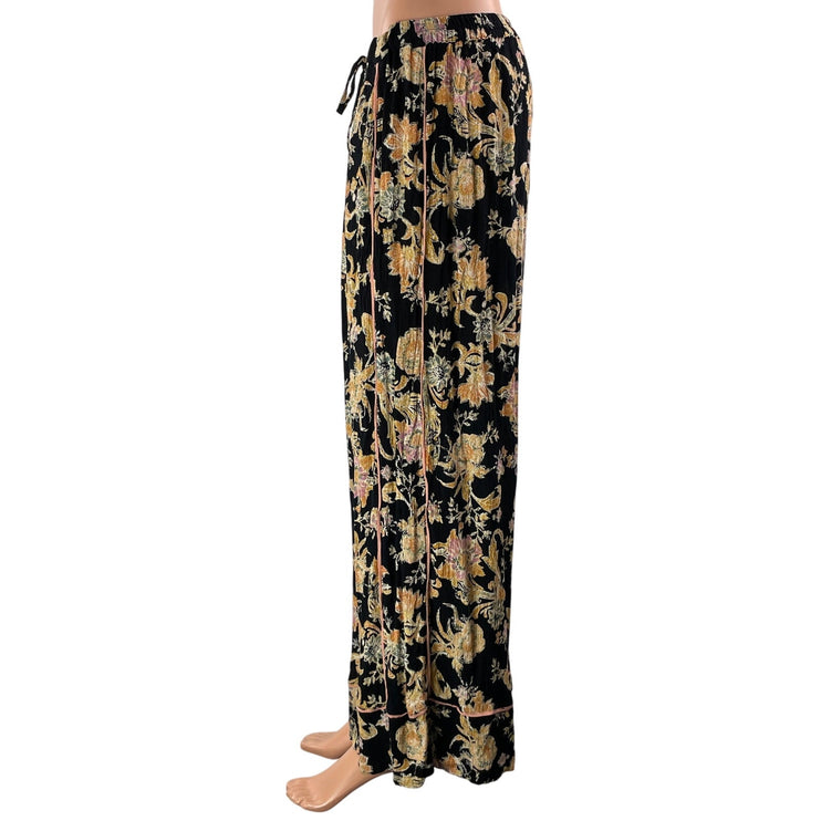Free People Bali Wildflower Black Floral High Rise Wide Leg Trousers Pants Sz XS