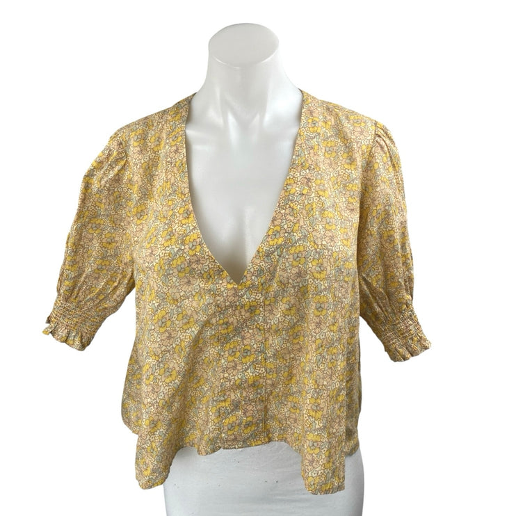 Urban Outfitters Flora Yellow Floral Puff Sleeve V-neck Crop Blouse Top Size S