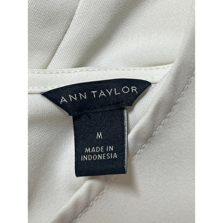 Ann Taylor White Black Half Sleeve Pleated Stripe Boat Neck Blouse Top Size M