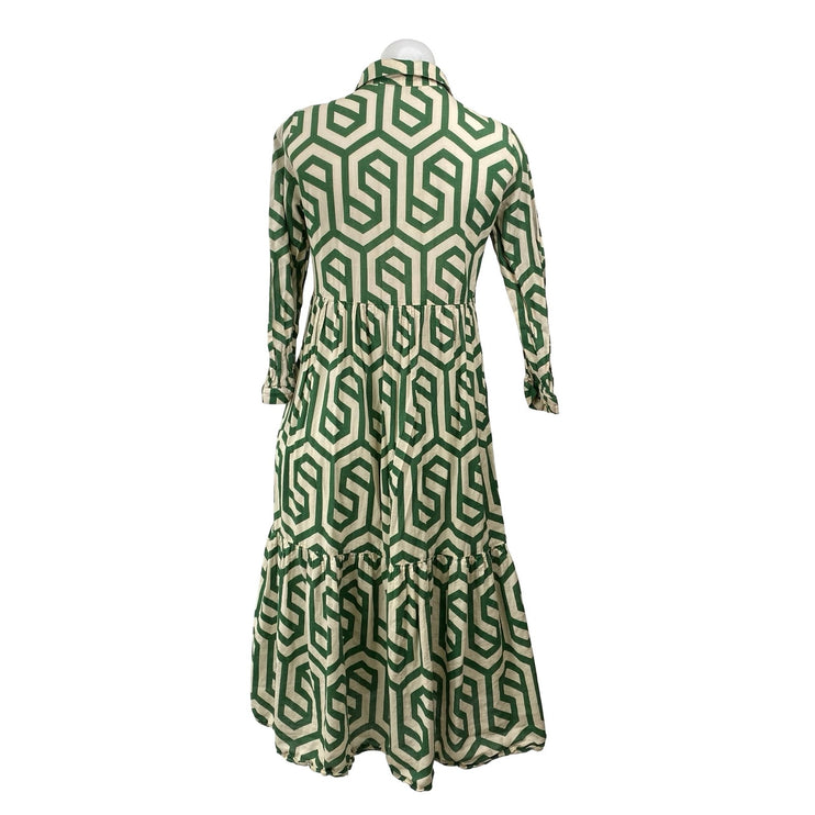 Zara Karen Green Geometric Long Sleeve Button Tiered A Line Midi Dress Size XS